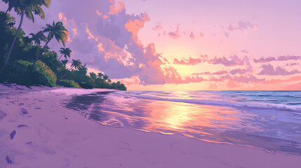 A serene tropical beach at sunrise, with the golden light reflecting on the still water, surrounded by palm trees and lush greenery.