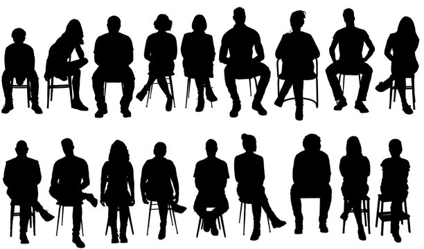 silhouette of a large group of mixed people siiting on chair on white background