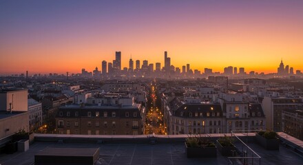 Naklejka premium Cityscape Sunrise Panorama - Stunning sunrise view over a city skyline, showcasing urban architecture and a vibrant orange and purple sky