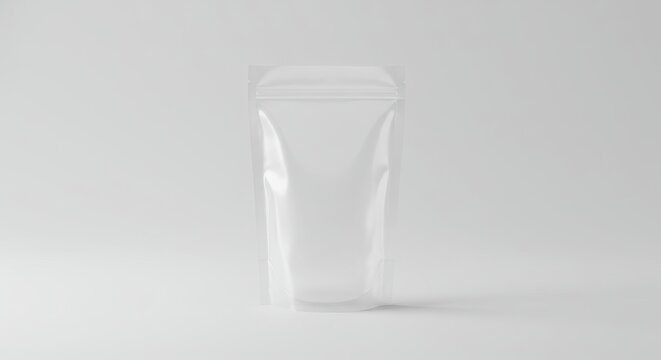 Clear Stand Up Pouch Packaging Mockup - Blank transparent stand up pouch for product packaging, isolated on white background. Perfect for branding and design