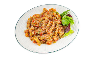 Eggplant dip aubergine salad Baba ganoush eggplant, tomato, onion vegetable dish fresh gourmet food background on table rustic food top view copy spac