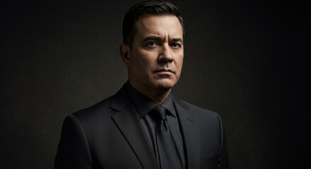 Obraz premium Confident Man in Black Suit - A serious, middle-aged man in a black suit stares intently, set against a dark gray background. Professional headshot