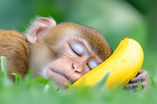 Baby monkey sleeping and hugging a banana on green grass