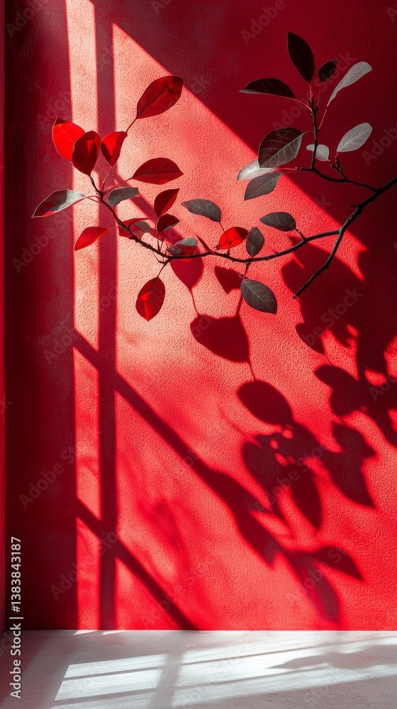 Poster in warm afternoon light, a delicate branch with red and green leaves leans against a vibrant red wal