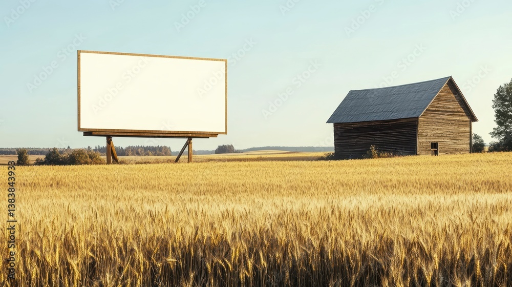Poster blank billboard in golden wheat field next to rustic barn under clear sky.