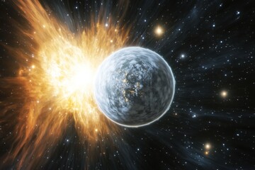 Obraz premium Bright stellar explosion illuminates a nearby planet in deep space