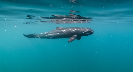 Obraz premium Whale Swimming Underwater in Turquoise Water with Natural Sunlight and Reflections