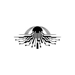 Abstract Circuit Board Design: Tech Sunrise Icon, Minimalist & Modern