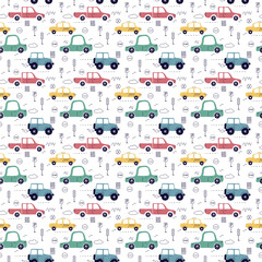 a seamless, trend pattern of cars. Transport background for children. A template with doodles of toy cars, road signs. for print, paper, banner. art vector illustration.