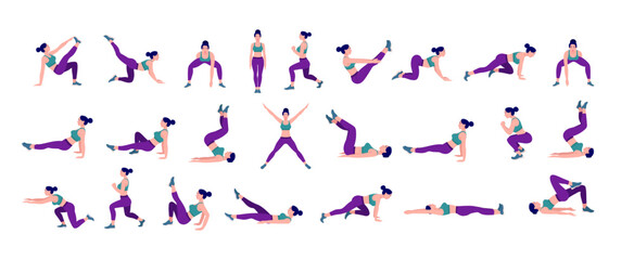 Workout girl set. Woman doing fitness and yoga exercises. Lunges and squats, plank and abc. Full body workout.