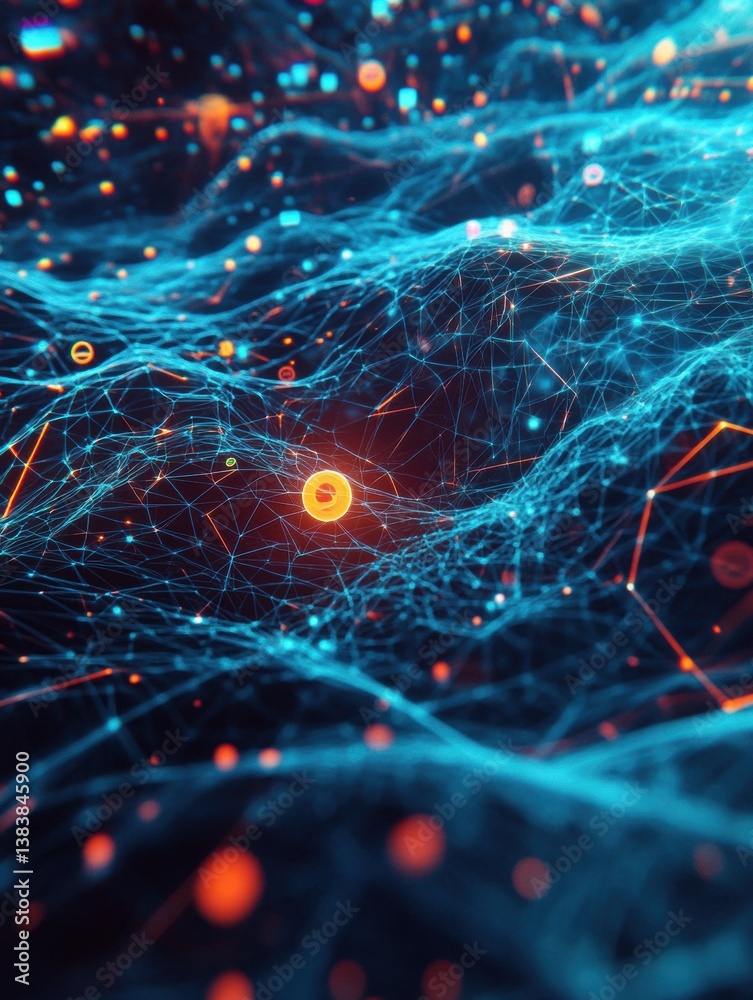 Poster Exploration of a futuristic digital mesh with glowing lines and floating workspace icons in a modern abstract environment