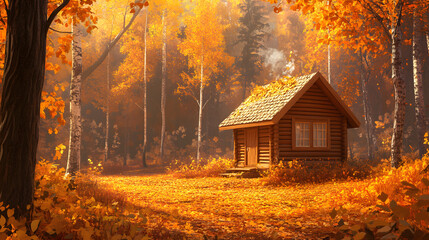 Fototapeta premium A small wooden cabin nestled in a picturesque autumn forest, with golden and amber leaves covering the ground.