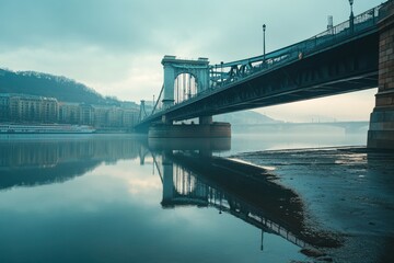 This photo captures a scenic view of a sturdy bridge spanning over a flowing river reflecting its surroundings Budapest cityscape divided by the Danube River .