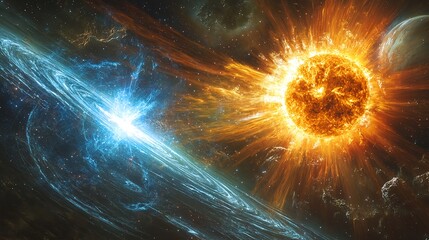 A neutron star collision near the Sun, gravitational distortions and energy bursts creating space-time ripples