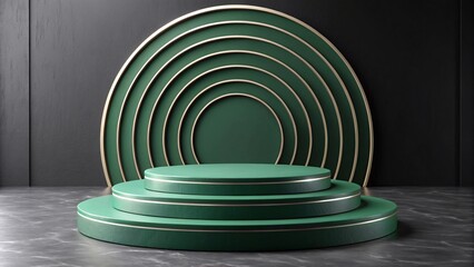 Obraz premium Elegant Green and Gold Minimalist Podium with Circular Arches for Luxury Product Display