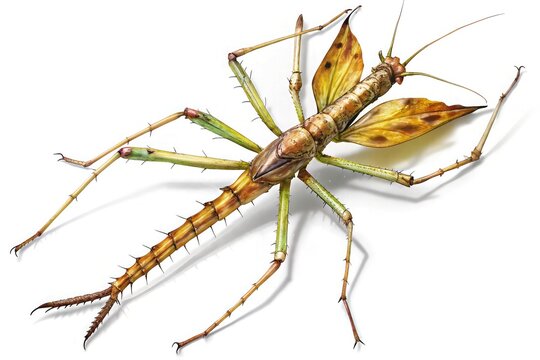 a realistic stick insect it slong body and limb with white background