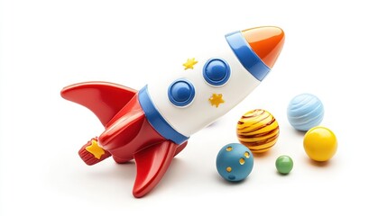 Toy rocket ship with stars and planets on pure white background