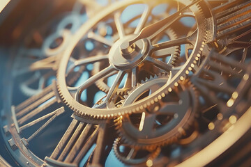 A close-up of an antique clock’s gears in motion, metallic shine and shadows.