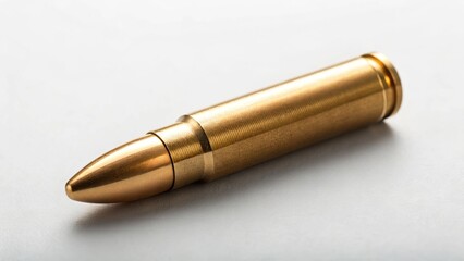 Close-up of a single brass bullet cartridge on a neutral background. Ammunition and firearm concept