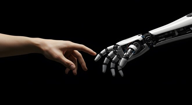 "A human hand extended towards a robotic arm in a symbolic handshake gesture, representing the connection between technology and humanity, cooperation, innovation and the digital future."