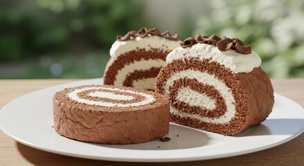 Delicious Chocolate Swiss Roll Cake - Three slices of chocolate swiss roll cake on a white plate, garnished with chocolate shavings