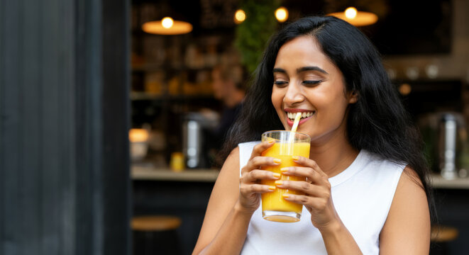Young asian female enjoying fresh orange juice in a cozy caf? setting