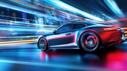 Dynamic nighttime car racing cityscape digital art urban environment side view