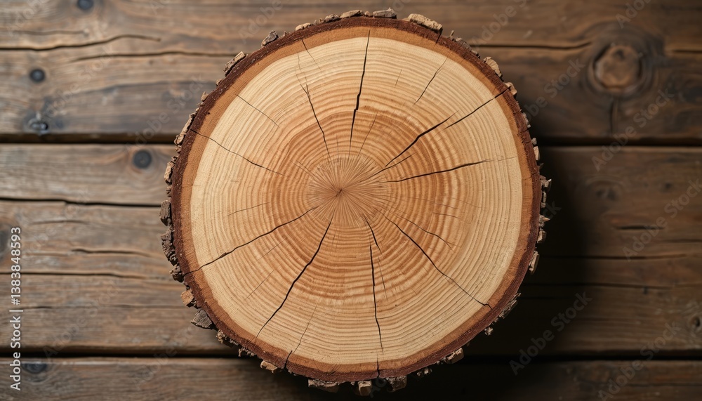 Poster Cross section of a tree trunk with visible annual rings on wooden background. Natural wood texture. Round cut log section with detailed woodgrain, cracks. Organic rustic background.