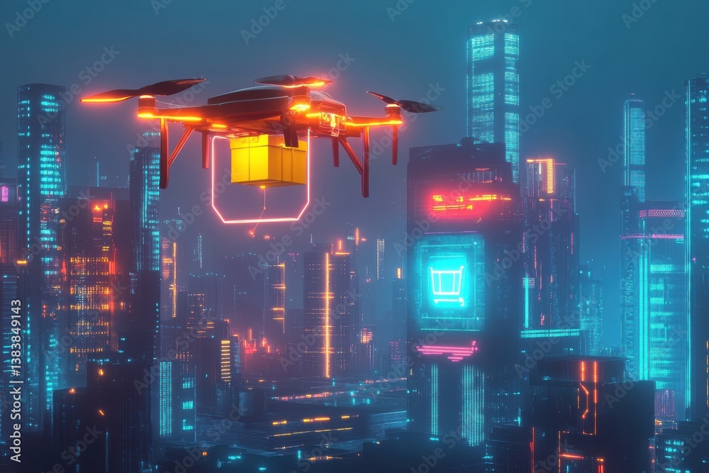 Poster high-tech drone delivers package over a futuristic cityscape with glowing digital routes showcasing 