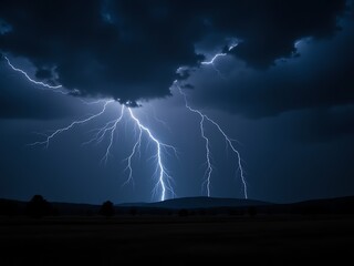 "A dark stormy sky with lightning bolts striking down"