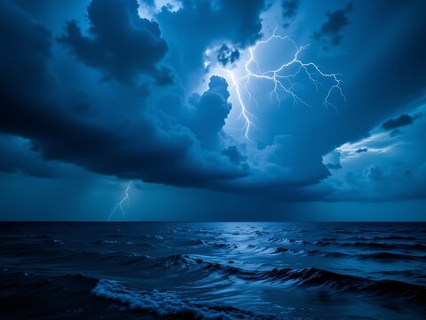 "Thunderstorm clouds rolling in over the ocean with flashes of lightning&acirc;&euro;