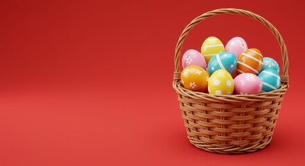Easter Basket of Joyful Eggs - A wicker basket overflowing with colorful Easter eggs sits against a vibrant red backdrop, symbolizing spring, new beginnings, celebration, family, and hope