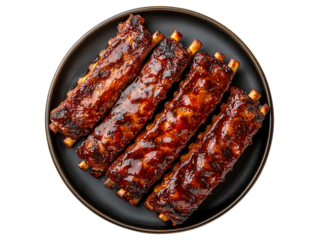 Barbecue pork ribs served on black plate isolated on transparent background