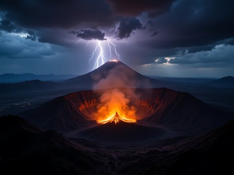 "A dark storm swirling over an active volcano, lightning dancing above the fiery crater"