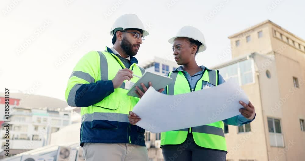 Poster engineering, tablet and blueprint with people in city for project management, digital inspection and