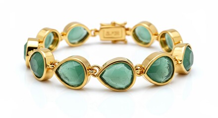 Elegant Gold Bracelet with Green Sea Glass Teardrops - Stylish gold bracelet featuring five teardrop sea glass gemstones. Symbolizes elegance, nature, luxury, serenity, and sophistication