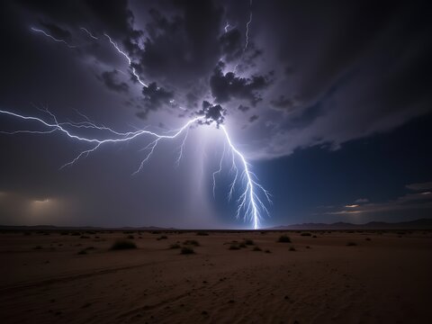 "A massive lightning storm striking a desert landscape, dust and rain mixing in the air"