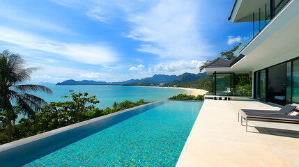 Fototapeta premium A stunning beachfront villa with large windows offering unobstructed ocean views, sleek modern design, and a private pool overlooking the sea.