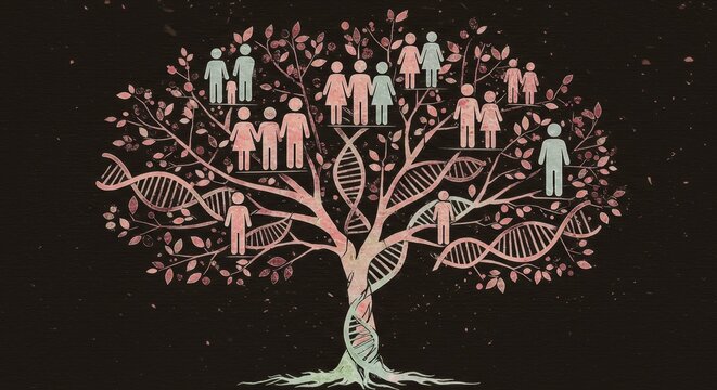 Family Tree of Life: Genetics and Ancestry - Symbolic depicting a family tree intertwined with DNA strands, representing heritage and genetic connection