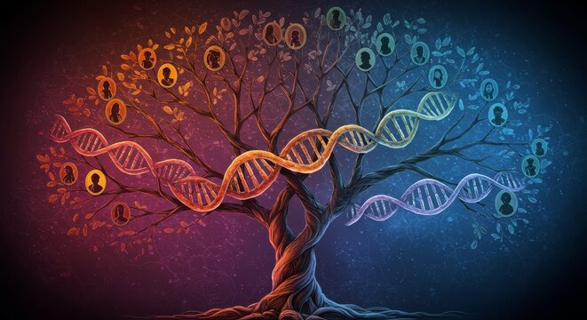 Family Tree of Life: Genetics and Heritage - A symbolic tree intertwines DNA strands with family portraits, representing the connection between genetics and ancestry