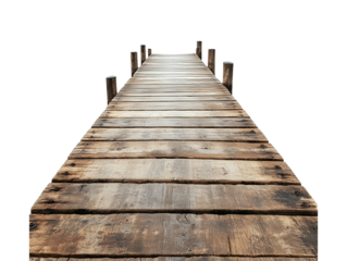 Rustic wooden pier extending into the distance isolated on transparent background