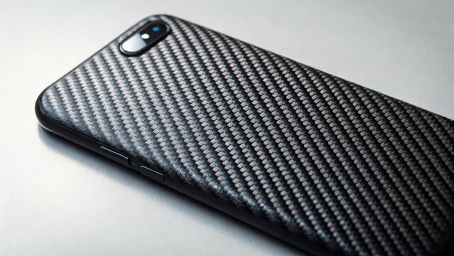 Close-up of a smartphone with a carbon fiber textured case. Technology and device protection concept