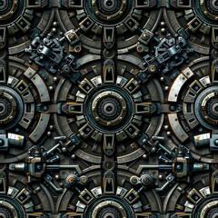 Fototapeta premium Seamless futuristic biomechanical pattern with metallic textures and intricate robotic design.