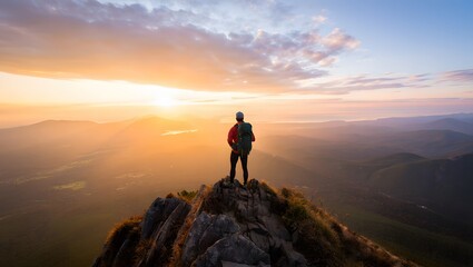 Obraz premium Man Standing on Mountain Peak with Sky Background AI