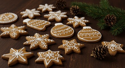 Fototapeta premium Festive Gingerbread Cookies and Pine Cones - Christmas baking, winter holidays, sweet treats, festive decorations, cozy atmosphere
