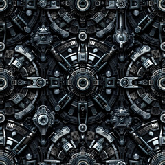 Seamless futuristic biomechanical pattern with metallic textures and intricate robotic design.