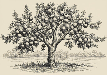 Vintage orchard illustration of a fruit tree with apples and leaves