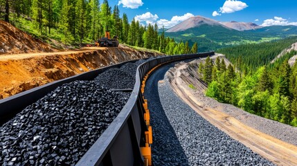 Fototapeta premium Scenic view of a coal train curving through a lush green mountain landscape