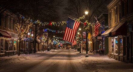 Festive Winter Night in a Small Town - Snow-covered street in a charming town adorned with Christmas lights and American flags, creating a magical holiday atmosphere