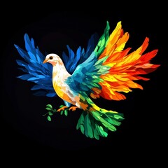 Obraz premium Colorful Peace Dove with Olive Branch: An Abstract Representation of Harmony and Hope on a Black Background